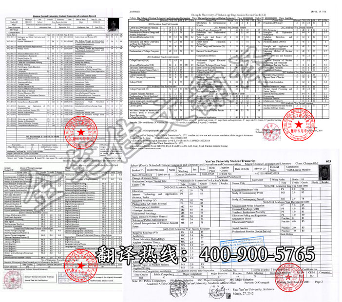 国内大学成绩单翻译样稿