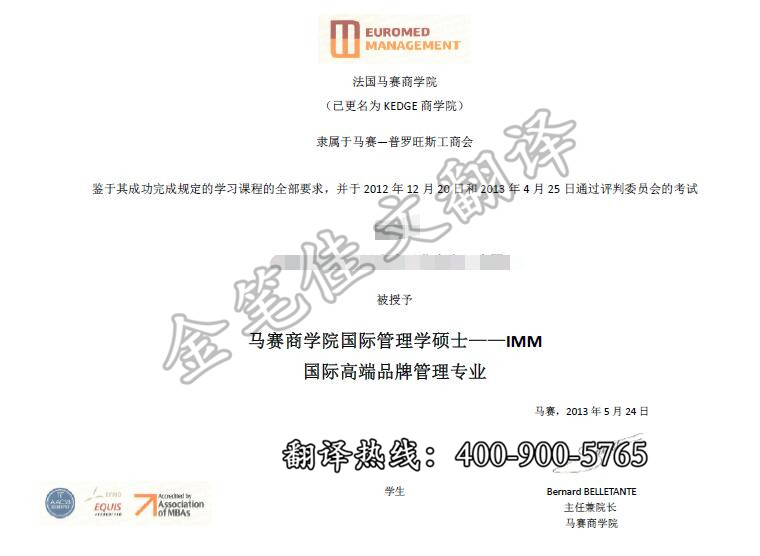 法国马赛商学院国际管理学硕士学位证翻译案例模板