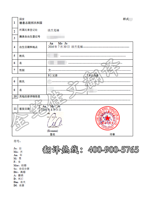 德国出生证明出生纸翻译翻译案例模板